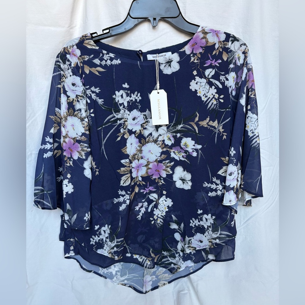 Women’s Floral Navy Blue Chiffon Top Blouse Size Medium
